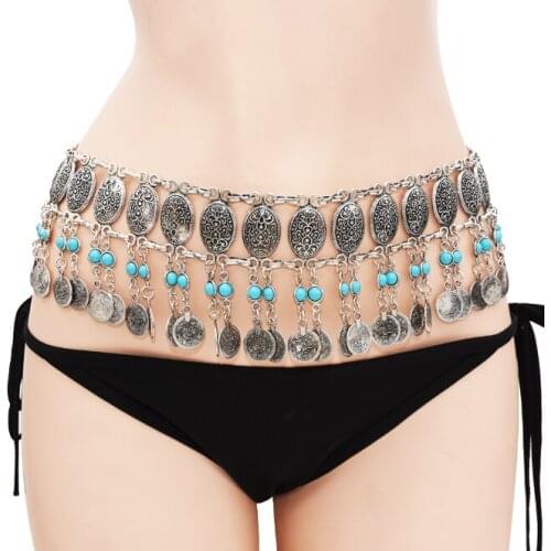 New Fashion Coin Tassel Waist Chain Bohemian Travel Commemorative Belly Dance Body Chain Girl Blue Gem Ornament