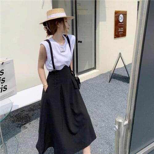 Women Summer Hepburn Simple Style Strap High Waist A-Line Skirt White Top