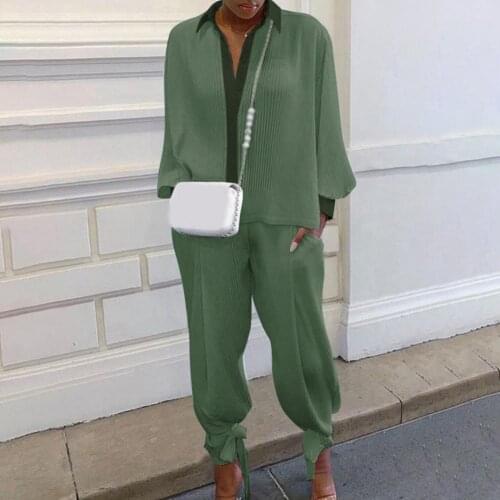 2021 Ladies Outfit Sets Stylish V Neck Long Sleeve Soft Solid Color Summer Women Casual Suit Ribbed Lace Up Hem Top Pants Set