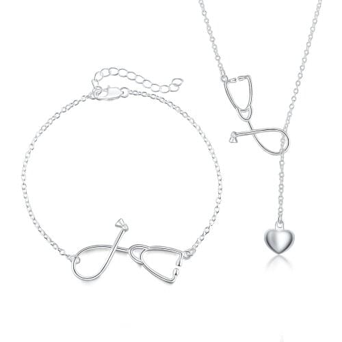 New 925 sterling Silver Jewelry set beautiful Stethoscope heart necklace bracelet for women fashion wedding Valentines Day Gift