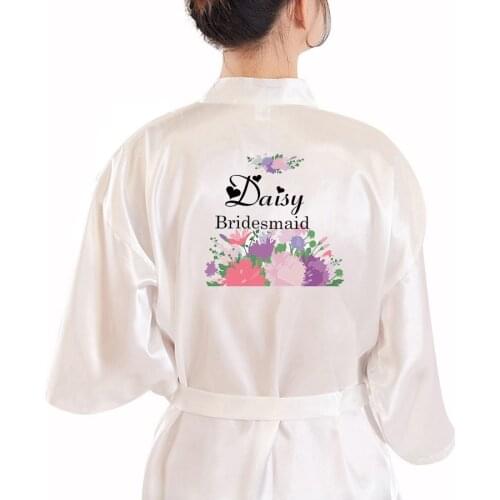 Flower Print Bride Bridesmaid Wedding Robe Team Robe Women Silky Satin Kimono Bathrobe Dress Gown