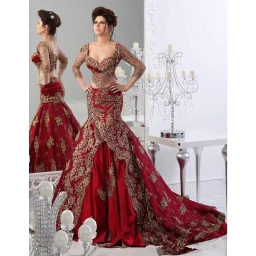 Two Pieces Wedding Dresses Mermaid Sweetheart 2021 Indian Abaya dubai lace Burgundy Bridal wedding Gowns with long sleeve