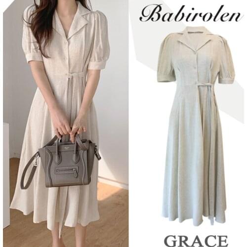 Women Summer Vintage French Style Dresses Slim notched lace up Linen puff sleeve pleated Dress