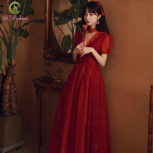 SSYFashion New Wine Red Evening Dress High-neck Puff Sleeve Sequins Vintage Banquet Elegant Party Formal Gowns Vestido De Noche