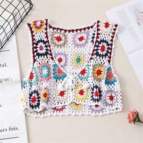 Boho Crochet Knitted Vest Women 2021 Summer Retro Sleeveless Jacket Cardigan Bohemian Beach Embroidery Waistcoat Mujer