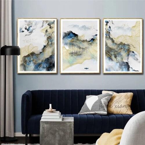 Abstract Gold Foil Lines Poster Mountain Lake Landscape Canvas Art For Bedroom Print Wall Pictures Home Decor Triptych Painting