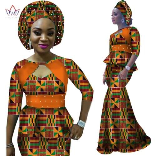 African Women Dresses Skirt Suits Ankara Apparel Wax Dashiki Outfits Print Shirt Ankara Skirts and Free Headwarp 3 Pieces WY2343