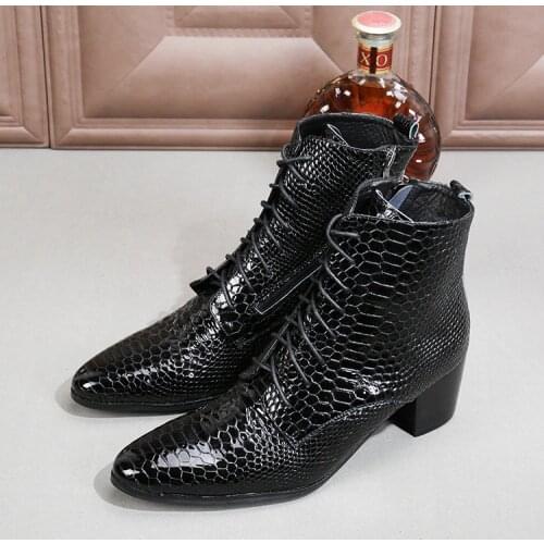 European style snake skin patent leather military boots black lace up ankle boots men height increasing cowboy boots mens