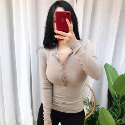 White T Shirt Women 2021 Korean Style Women Tops Long Sleeve Button Slim Basic Chic Clothes Sexy Deep V Neck T Shirt