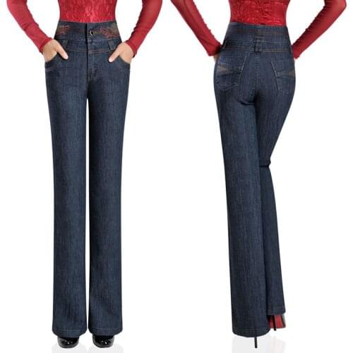 Mother pants autumn new high waist jeans trousers loose straight jeans in the elderly trousers Womens Embroidery Blue Jeans