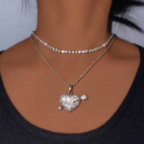 Bling Rhinestone Love Heart Pendant Necklace for Women Creative Cupid Arrow Crystal Clavicle Chain Necklace Wedding Jewelry Gift