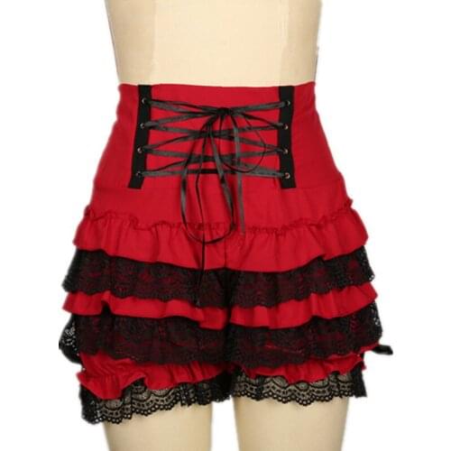Women Red Cotton & Black Floral Lace Ruffles Bows Zipper Lace Up High Waisted Sweet Lolita Bloomer Shorts Plus Size Gothic Pants