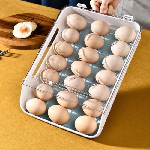 Egg Storage Box With Handle Stackable Refrigerator Storage Automatic Space-saving Egg Container Inner Tank Silicone Anti-skid