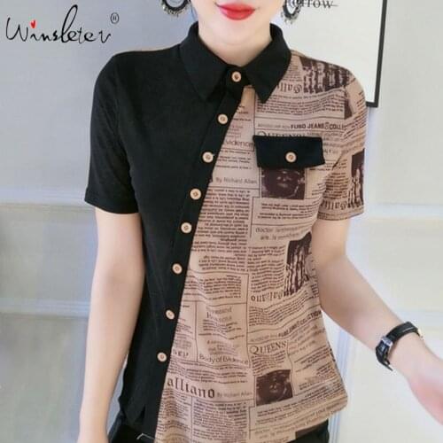 Summer European Clothes Blouse Fashion Women Print Button Dissymmetry Newspaper Letter Shirt Short Sleeve Tops New 2021 T06607