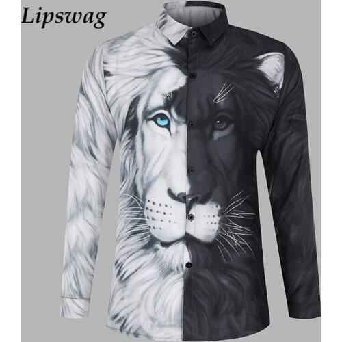 Summer Fashion Lion Printing Patchwork Long Sleeve Shirts For Men 2021 Spring Casual Buttoned Lapel Shirt Casual Mens Clothing