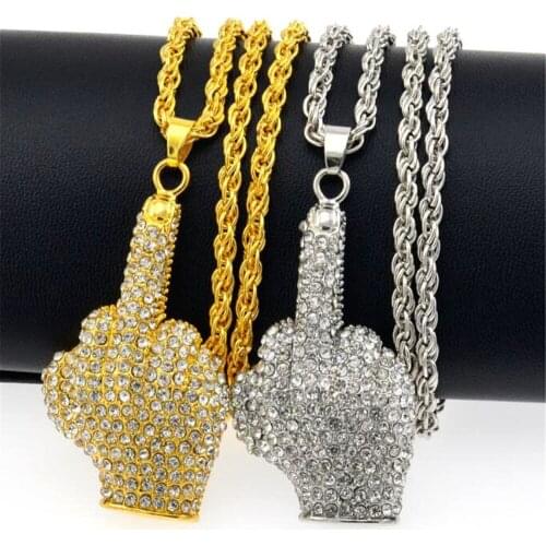 Hip Hop Iced Out Big Hands Pendants Necklace Full Rhinstone Crystal Zircon Rapper Middle Finger Up Hand Shape Jewelry For Men