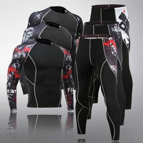 Mens Winter Thermal underwear Compression Skin Sportswear 2-pc/set Warm Sweat Suit Tracksuit 3D Pattern Arm long johns Men