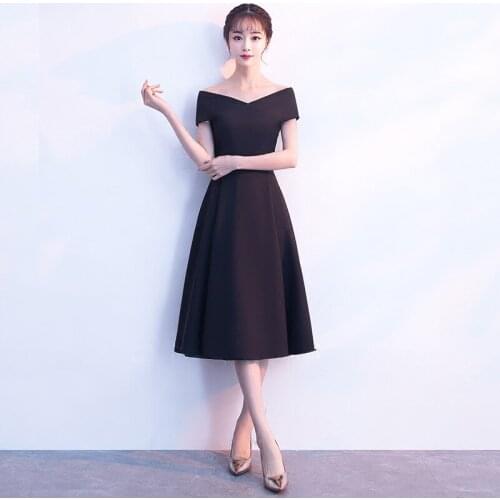 Special Occasion Dresses Vintage V-Neck Short Luxury Black Satin A-Line Zipper Knee-Length Elegant Fashion Lady Prom Gown E1051