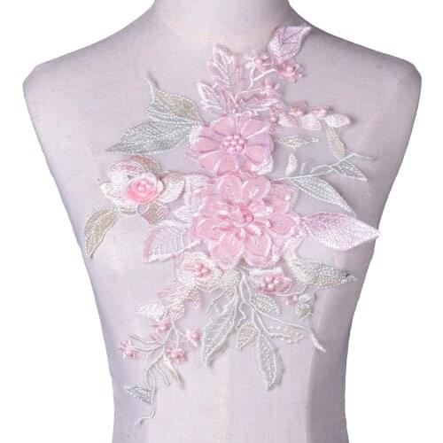 Pink Flower Green Leaf Patch Wedding Bridal Embroidery High quality Sewing Lace Applique Fabric Scrapbooking