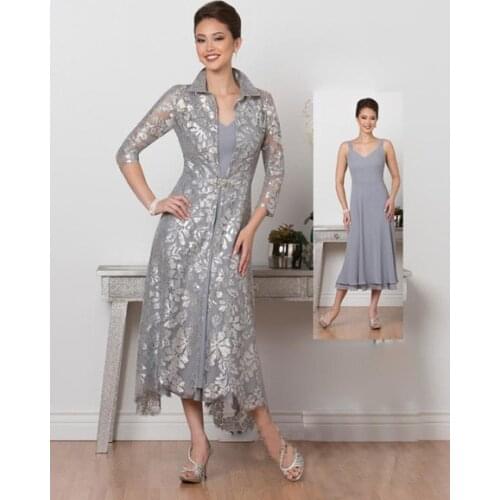 Silver Mother of the Bride Groom Dresses Suit with Long Jacket 2020 Vintage 2 Pieces Tea Length Kurti vestido de festa madrinha