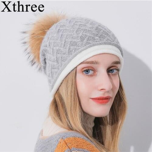 Xthree Winter Hat For women Raccoon Pom Pom Beanies Hat For Girl Cashmere And Rabbit Fur Knitted Hat Keep Warm Gorro