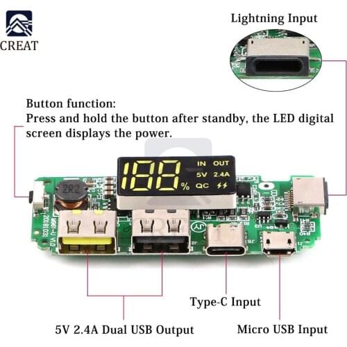 LED Dual USB 5V 2.4A Micro/Type-C/Lightning USB Power Bank 18650 Charger Board Overcharge Overdischarge Short Circuit Protection