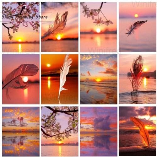 Cross Stitch 5D DIY Diamond Painting Feather Sunset Lake Mosaic Landscape Flower Tree Diamond Embroidery Handicraft Home Decor