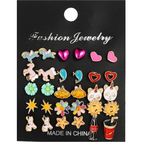 YADA Retro Style Coke&Unicorn Shape Earring Set For Women Crystal Statement Earring Jewelry Metal Heart&Sun Earrings ER200201