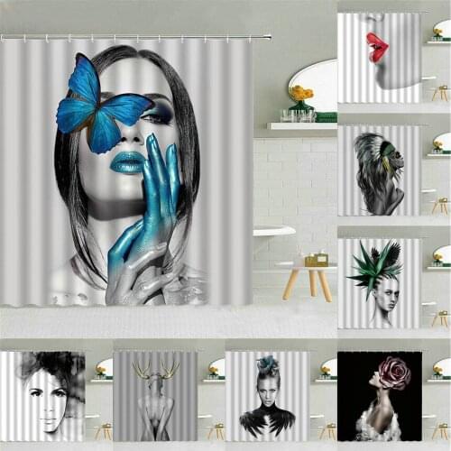 Beautiful Sexy Girls Shower Curtain Butterfly Red Lips Rose Feather Green Leaf Antlers Bathroom Decor women Waterproof Curtains