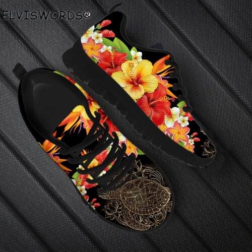 ELVISWORDS Tribal Sea Turtle Hawaiian Flower Printed Comfortable Flat-Shoes for Women Breathable Ladies Air Mesh Sneakers New