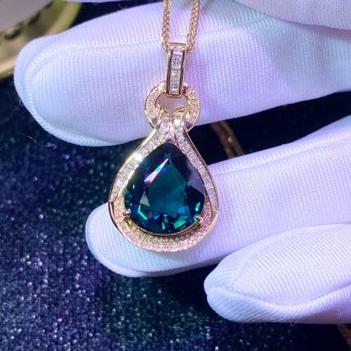 Fine Jewelry Solid 18K Gold 100% Natural 6.5ct Greenish Blue Tourmaline Diamonds Gemstone Diamond Womens Pendants Necklaces