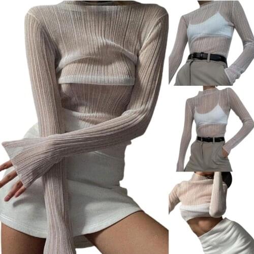 Women Autumn Sexy See-through Pullover White Solid Color Turtleneck Long Sleeve Tops S M L