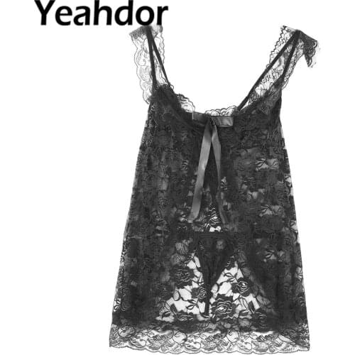 Women Sexy Lingerie Suit See-through Lace Square Neck Low Cut Tops and G-String Briefs Thong Set Exotic Underwear Nightwear