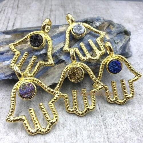 Gold Hammered Hand Brass Metal Pendant Colorful Druzy Crystal Accent, Titanium Crystal Pendant In 45*35 mm PM4838