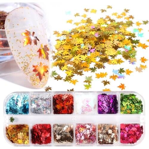 12 Grid Holographic Nail Glitter Flakes Sequin Shinny Maple Leaf Nail Art Spangles Paillette Decoration DIY Polish Tools LAFY-2