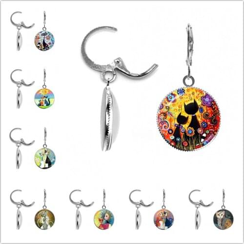 2021 New Colorful Family of Cats Girl Stud Earring Abstract Oil Painting Kitten Glass Cabochon Earrings for Women Gift