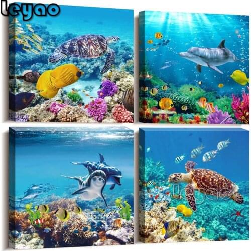 5D Diamond Painting Full Square 4 Pieces Of coral And Sea Fish And Sea Turtles DIY Bead Embroidery Sale Diamond Art Home Decor