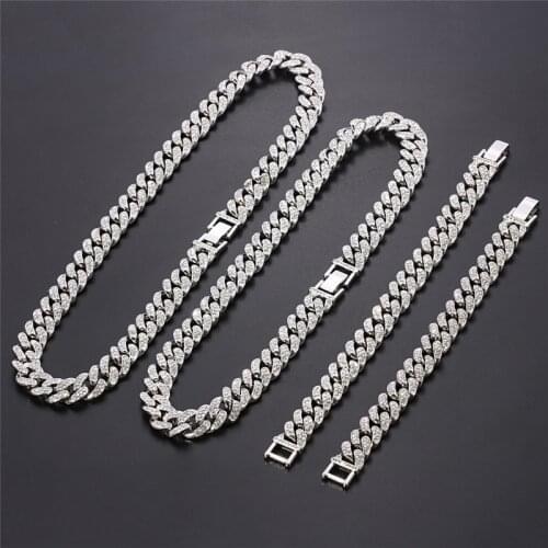 Silver Color Necklace Bracelet Hip Hop Miami Curb Cuban Chain Iced Out Paved Rhinestones CZ Bling Rapper For Men Women Jewelry