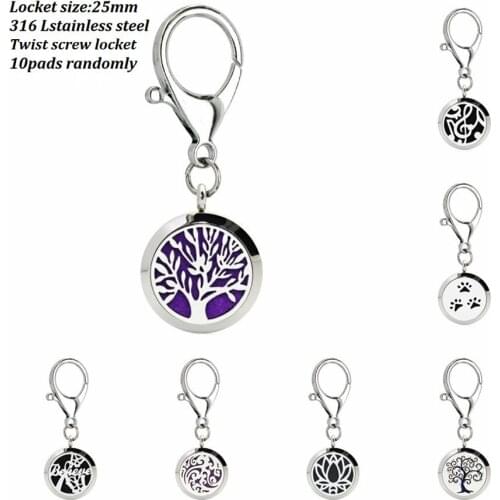 Tree of life Key Chain 25mm locket Perfume diffuser Stainless Steel Diffuser locket Key chain with Lobster clasp 10 Pads random