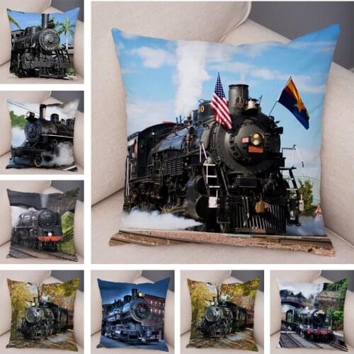 Vintage Style Steam Train Pillow Case Decor Retro Colorful Car Cushion Cover Super Soft Plush Pillowcase for Sofa Home 45x45cm