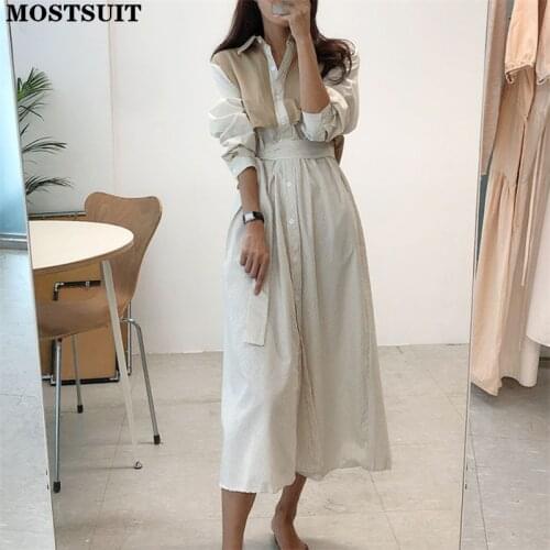 Fake Two Pieces Striped Long Dress Women Full Sleeve Single Breasted Belted Dresses Casual Vintage Female Vestidos Femme