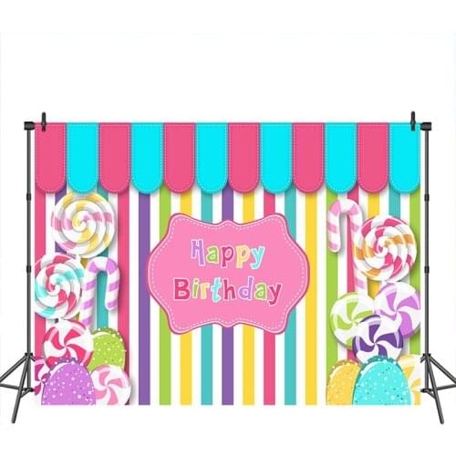 Happy Birthday Backdorp for Photo Candy Theme Birthday Party Rainbow stripes Banner Decor custom photo booth backdrops