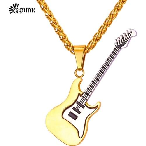 Guitar necklace for men jewelry Gold color collar black pendant with chain P2102G