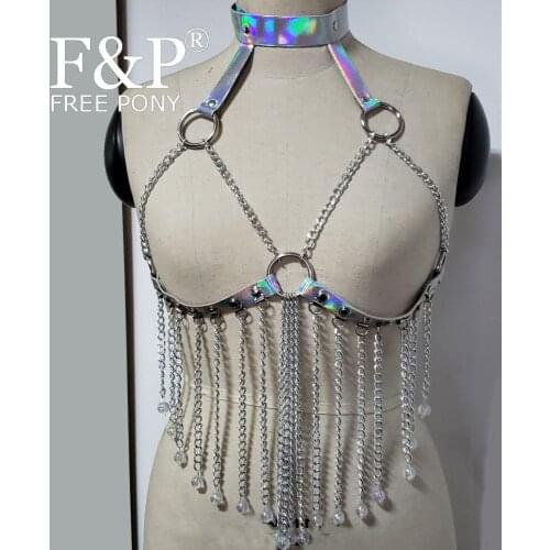 Burning Man Festival Holographic Fringe Bodychain Rave Chest Chain top Carnival Costume Gogo Pole Dance Wear Clothing