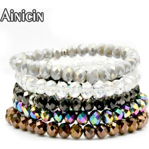 Faceted Crystal Glass 6x8mm Beaded Stretch Bracelets Rainbow Gray Black Transparency Shine Color Fashion Women Summer Jewelry