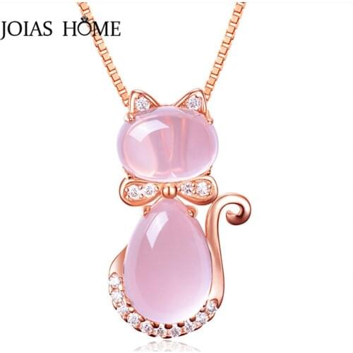 JoiasHome Classic Silver 925 Jewelry Pendant Necklace With Cat Shaped Rose Quartz Zircon Gemstone Fine Jewelry Party Gifts
