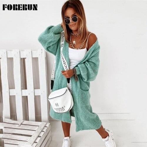 FORERUN Long Cardigan Women 2021 Oversized Sweater Fall Winter Solid Long Sleeve Top Casaco Feminino Inverno Dropshipping