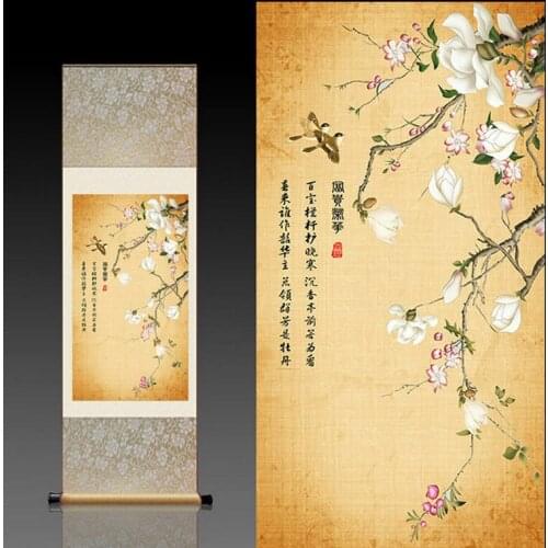 Chinese Silk Scroll Painting Magnolia Swallow Home Office Decoration