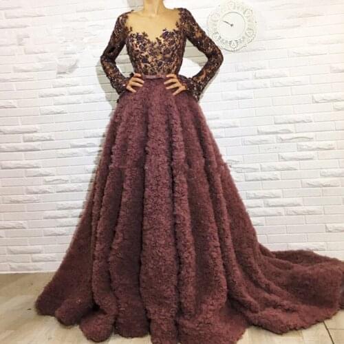 Brown Muslim Evening Dresses A-line V-neck Long Sleeves Lace Beaded Islamic Dubai Saudi Arabic Long Formal Evening Gown
