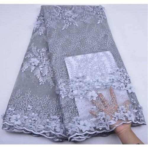 Beautiful Silver Grey 3 D Lace Applique Flower Nigerian Lace Fabric With Beads Sell Well Hign Quality Lace Trim Dress A1255